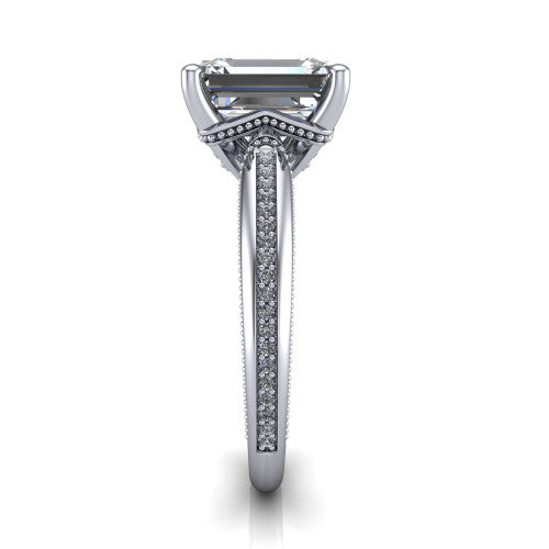Vanessa emerald solitaire engagement ring in 14K White Gold, side profile showing the pav&eacute; running down the band and the milgrain detailing in profile