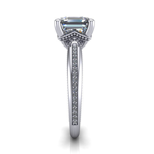 Vanessa square emerald solitaire engagement ring in Platinum, side profile showing the pav&eacute; running down the band and the milgrain detailing in profile