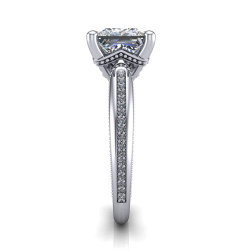 Vanessa princess solitaire engagement ring in Platinum, side profile showing the pav&eacute; running down the band and the milgrain detailing in profile