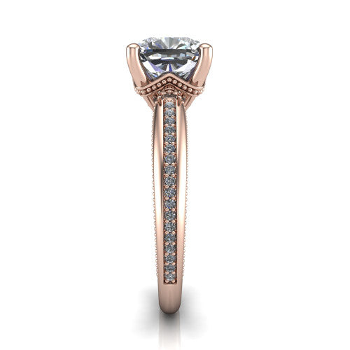 Vanessa cushion solitaire engagement ring in 18K Rose Gold, side profile showing the pav&eacute; running down the band and the milgrain detailing in profile