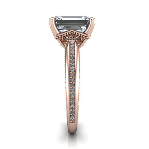 Vanessa emerald solitaire engagement ring in 18K Rose Gold, side profile showing the pav&eacute; running down the band and the milgrain detailing in profile