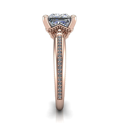 Vanessa princess solitaire engagement ring in 18K Rose Gold, side profile showing the pav&eacute; running down the band and the milgrain detailing in profile