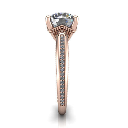 Vanessa round solitaire engagement ring in 14K Rose Gold, side profile showing the pav&eacute; running down the band and the milgrain detailing in profile