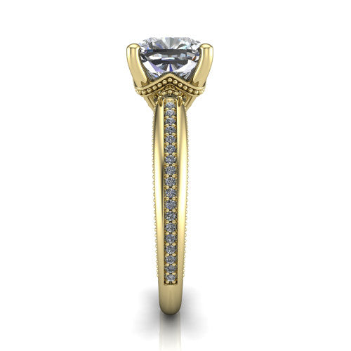 Vanessa cushion solitaire engagement ring in 14K Yellow Gold, side profile showing the pav&eacute; running down the band and the milgrain detailing in profile