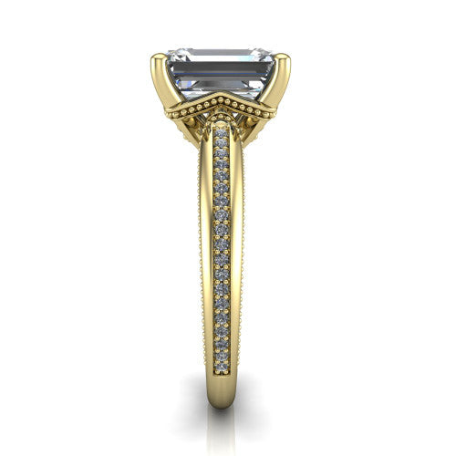 Vanessa emerald solitaire engagement ring in 14K Yellow Gold, side profile showing the pav&eacute; running down the band and the milgrain detailing in profile