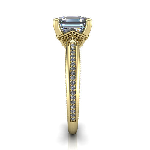Vanessa square emerald solitaire engagement ring in 18K Yellow Gold, side profile showing the pav&eacute; running down the band and the milgrain detailing in profile