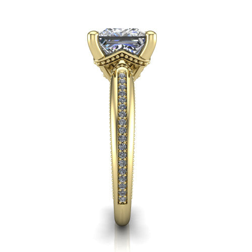 Vanessa princess solitaire engagement ring in 18K Yellow Gold, side profile showing the pav&eacute; running down the band and the milgrain detailing in profile