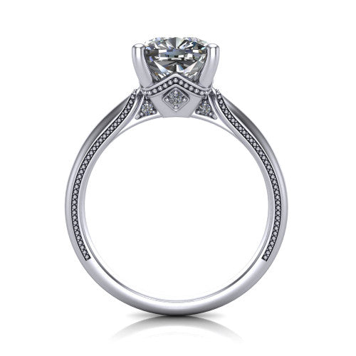 Vanessa cushion solitaire engagement ring in Platinum, through-finger front profile showing the cathedral under-gallery with a diamond accent beneath the center