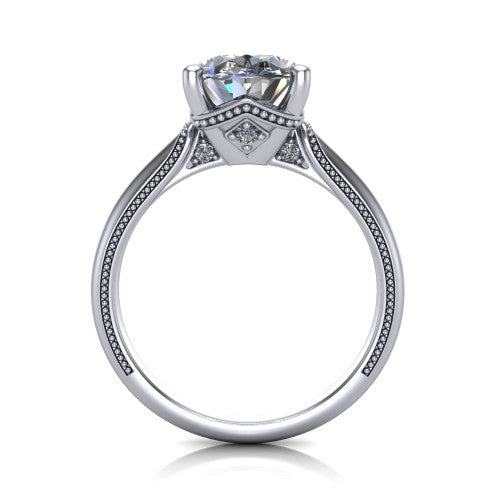 Vanessa oval solitaire engagement ring in 18K White Gold, through-finger front profile showing the cathedral under-gallery with a diamond accent beneath the center