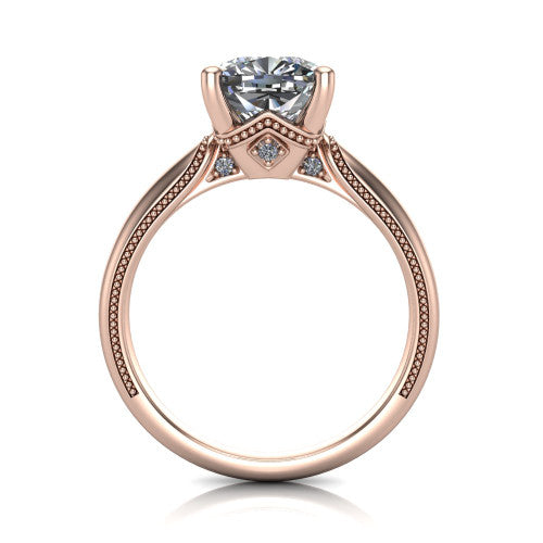 Vanessa cushion solitaire engagement ring in 14K Rose Gold, through-finger front profile showing the cathedral under-gallery with a diamond accent beneath the center