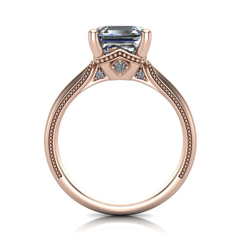 Vanessa square emerald solitaire engagement ring in 14K Rose Gold, through-finger front profile showing the cathedral under-gallery with a diamond accent beneath the center