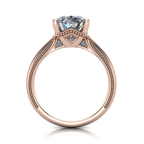 Vanessa oval solitaire engagement ring in 14K Rose Gold, through-finger front profile showing the cathedral under-gallery with a diamond accent beneath the center