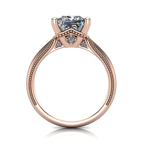 Vanessa princess solitaire engagement ring in 18K Rose Gold, through-finger front profile showing the cathedral under-gallery with a diamond accent beneath the center