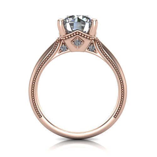 Vanessa round solitaire engagement ring in 14K Rose Gold, through-finger front profile showing the cathedral under-gallery with a diamond accent beneath the center
