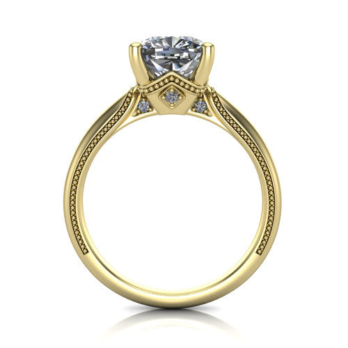 Vanessa cushion solitaire engagement ring in 18K Yellow Gold, through-finger front profile showing the cathedral under-gallery with a diamond accent beneath the center