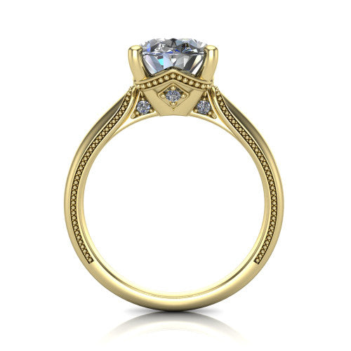 Vanessa oval solitaire engagement ring in 18K Yellow Gold, through-finger front profile showing the cathedral under-gallery with a diamond accent beneath the center