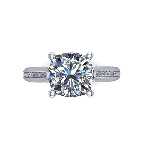 Vanessa cushion solitaire engagement ring in Platinum, top-down view showing the center stone and the pav&eacute; band with milgrain edges from above