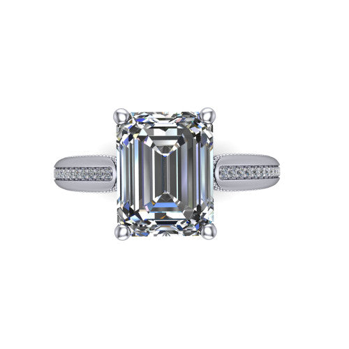 Vanessa emerald solitaire engagement ring in 14K White Gold, top-down view showing the center stone and the pav&eacute; band with milgrain edges from above