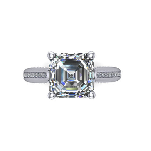 Vanessa square emerald solitaire engagement ring in 18K White Gold, top-down view showing the center stone and the pav&eacute; band with milgrain edges from above