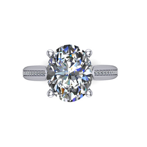 Vanessa oval solitaire engagement ring in Platinum, top-down view showing the center stone and the pav&eacute; band with milgrain edges from above