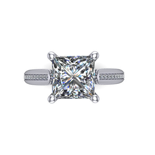 Vanessa princess solitaire engagement ring in Platinum, top-down view showing the center stone and the pav&eacute; band with milgrain edges from above