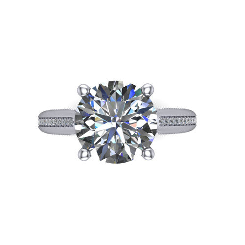 Vanessa round solitaire engagement ring in Platinum, top-down view showing the center stone and the pav&eacute; band with milgrain edges from above