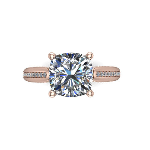 Vanessa cushion solitaire engagement ring in 14K Rose Gold, top-down view showing the center stone and the pav&eacute; band with milgrain edges from above