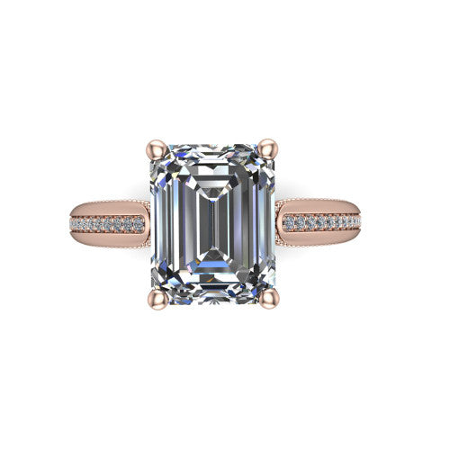 Vanessa emerald solitaire engagement ring in 18K Rose Gold, top-down view showing the center stone and the pav&eacute; band with milgrain edges from above