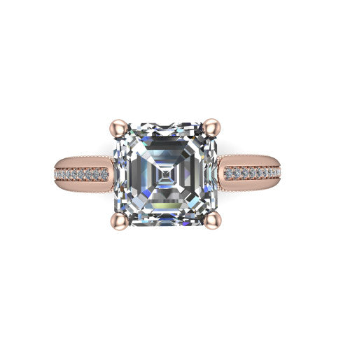 Vanessa square emerald solitaire engagement ring in 18K Rose Gold, top-down view showing the center stone and the pav&eacute; band with milgrain edges from above