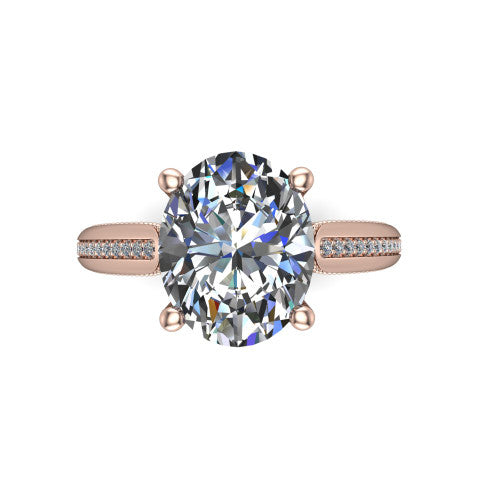 Vanessa oval solitaire engagement ring in 14K Rose Gold, top-down view showing the center stone and the pav&eacute; band with milgrain edges from above