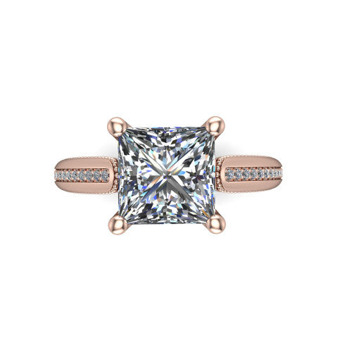 Vanessa princess solitaire engagement ring in 18K Rose Gold, top-down view showing the center stone and the pav&eacute; band with milgrain edges from above