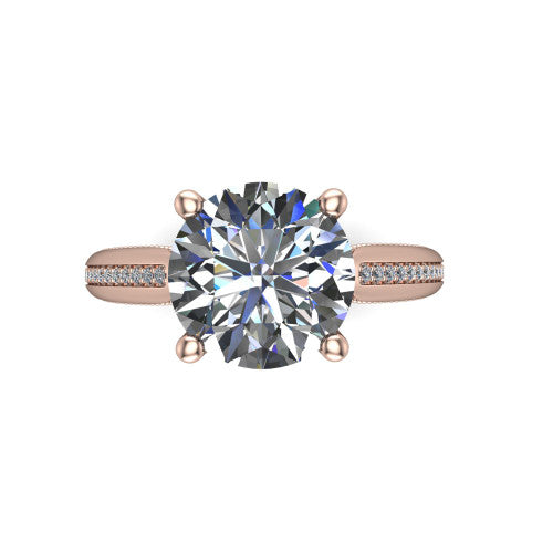 Vanessa round solitaire engagement ring in 18K Rose Gold, top-down view showing the center stone and the pav&eacute; band with milgrain edges from above
