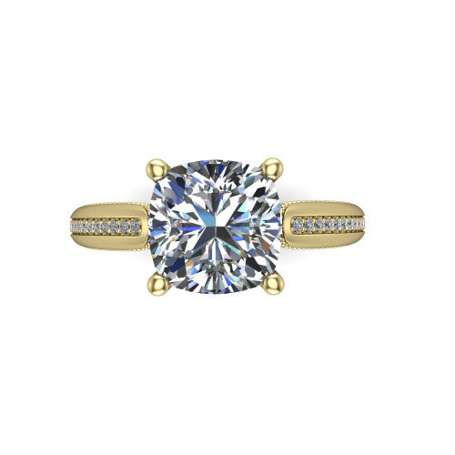 Vanessa cushion solitaire engagement ring in 14K Yellow Gold, top-down view showing the center stone and the pav&eacute; band with milgrain edges from above