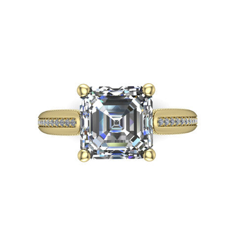 Vanessa square emerald solitaire engagement ring in 18K Yellow Gold, top-down view showing the center stone and the pav&eacute; band with milgrain edges from above