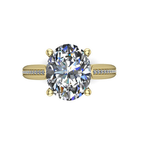 Vanessa oval solitaire engagement ring in 18K Yellow Gold, top-down view showing the center stone and the pav&eacute; band with milgrain edges from above