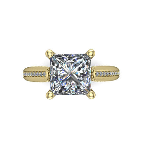 Vanessa princess solitaire engagement ring in 18K Yellow Gold, top-down view showing the center stone and the pav&eacute; band with milgrain edges from above