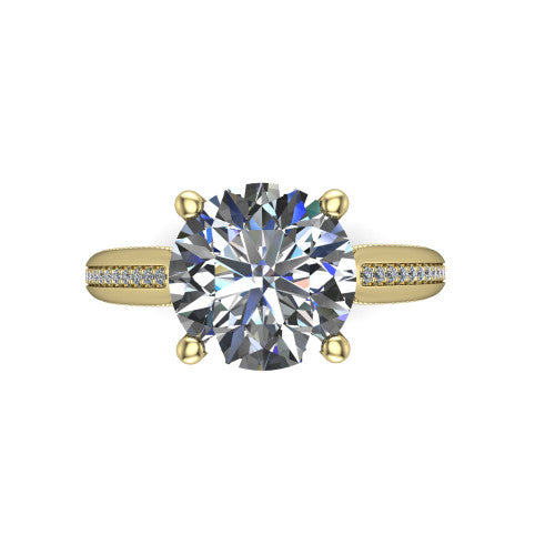 Vanessa round solitaire engagement ring in 14K Yellow Gold, top-down view showing the center stone and the pav&eacute; band with milgrain edges from above