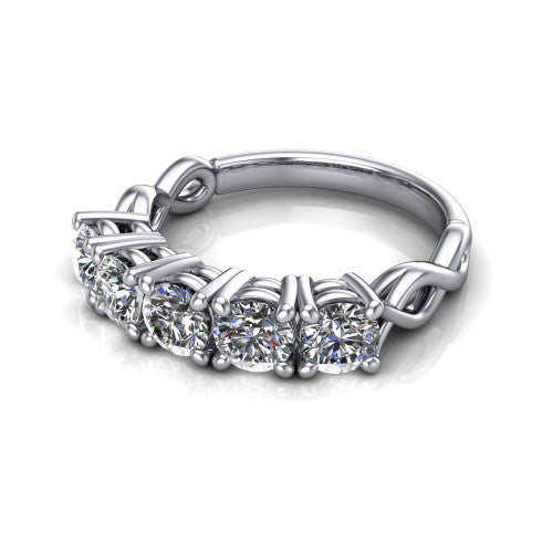 Aitana round three stone engagement ring in 14K White Gold, three-quarter perspective showing the round center between two round side stones in bar settings on a plain polished band