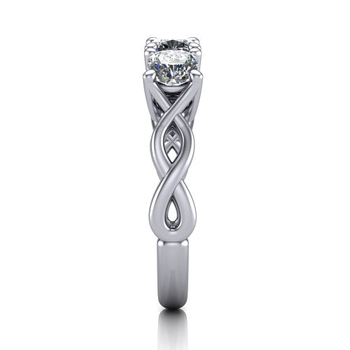 Aitana cushion three stone engagement ring in Platinum, side profile showing the plain polished band and the bar-set side stones in profile