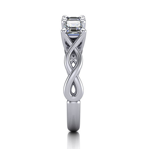 Aitana square emerald three stone engagement ring in Platinum, side profile showing the plain polished band and the bar-set side stones in profile