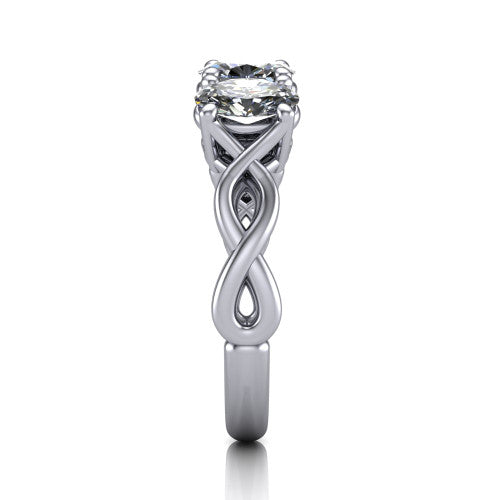 Aitana oval three stone engagement ring in 14K White Gold, side profile showing the plain polished band and the bar-set side stones in profile