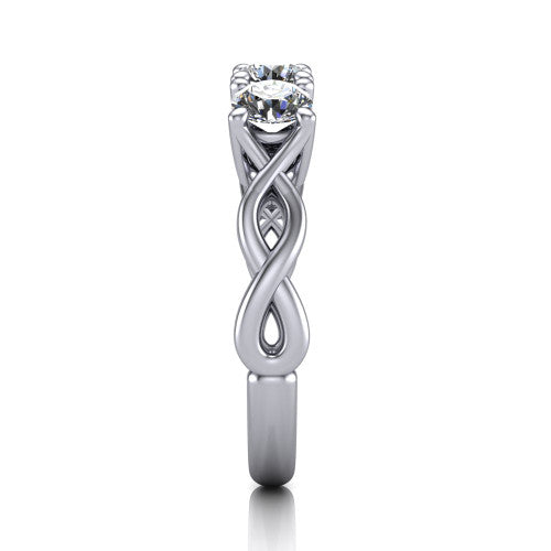 Aitana round three stone engagement ring in 14K White Gold, side profile showing the plain polished band and the bar-set side stones in profile