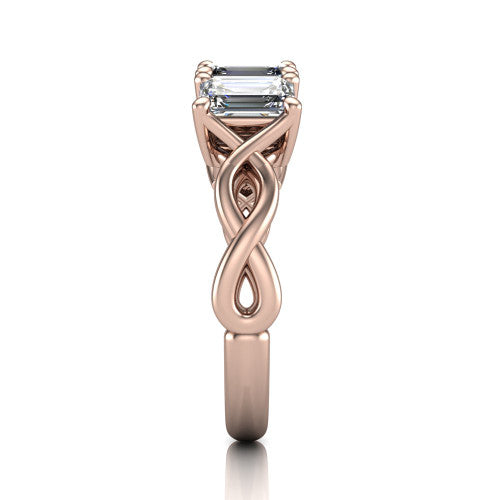 Aitana emerald three stone engagement ring in 14K Rose Gold, side profile showing the plain polished band and the bar-set side stones in profile