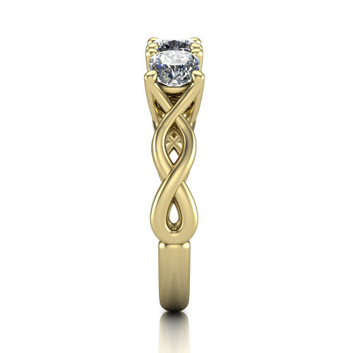 Aitana cushion three stone engagement ring in 18K Yellow Gold, side profile showing the plain polished band and the bar-set side stones in profile