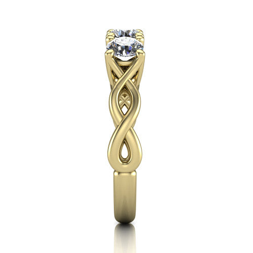 Aitana round three stone engagement ring in 14K Yellow Gold, side profile showing the plain polished band and the bar-set side stones in profile