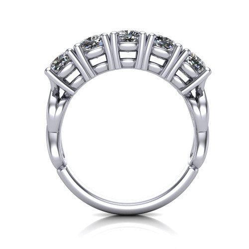 Aitana cushion three stone engagement ring in 18K White Gold, through-finger front profile showing the bar-set three-stone head raised above the smooth band