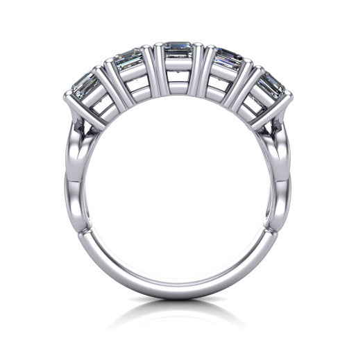 Aitana square emerald three stone engagement ring in 14K White Gold, through-finger front profile showing the bar-set three-stone head raised above the smooth band