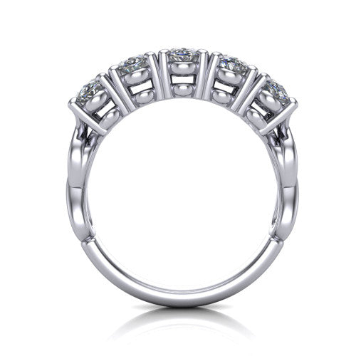 Aitana oval three stone engagement ring in Platinum, through-finger front profile showing the bar-set three-stone head raised above the smooth band