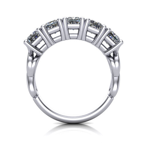 Aitana princess three stone engagement ring in 18K White Gold, through-finger front profile showing the bar-set three-stone head raised above the smooth band