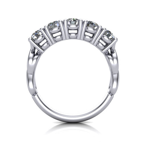 Aitana round three stone engagement ring in 14K White Gold, through-finger front profile showing the bar-set three-stone head raised above the smooth band